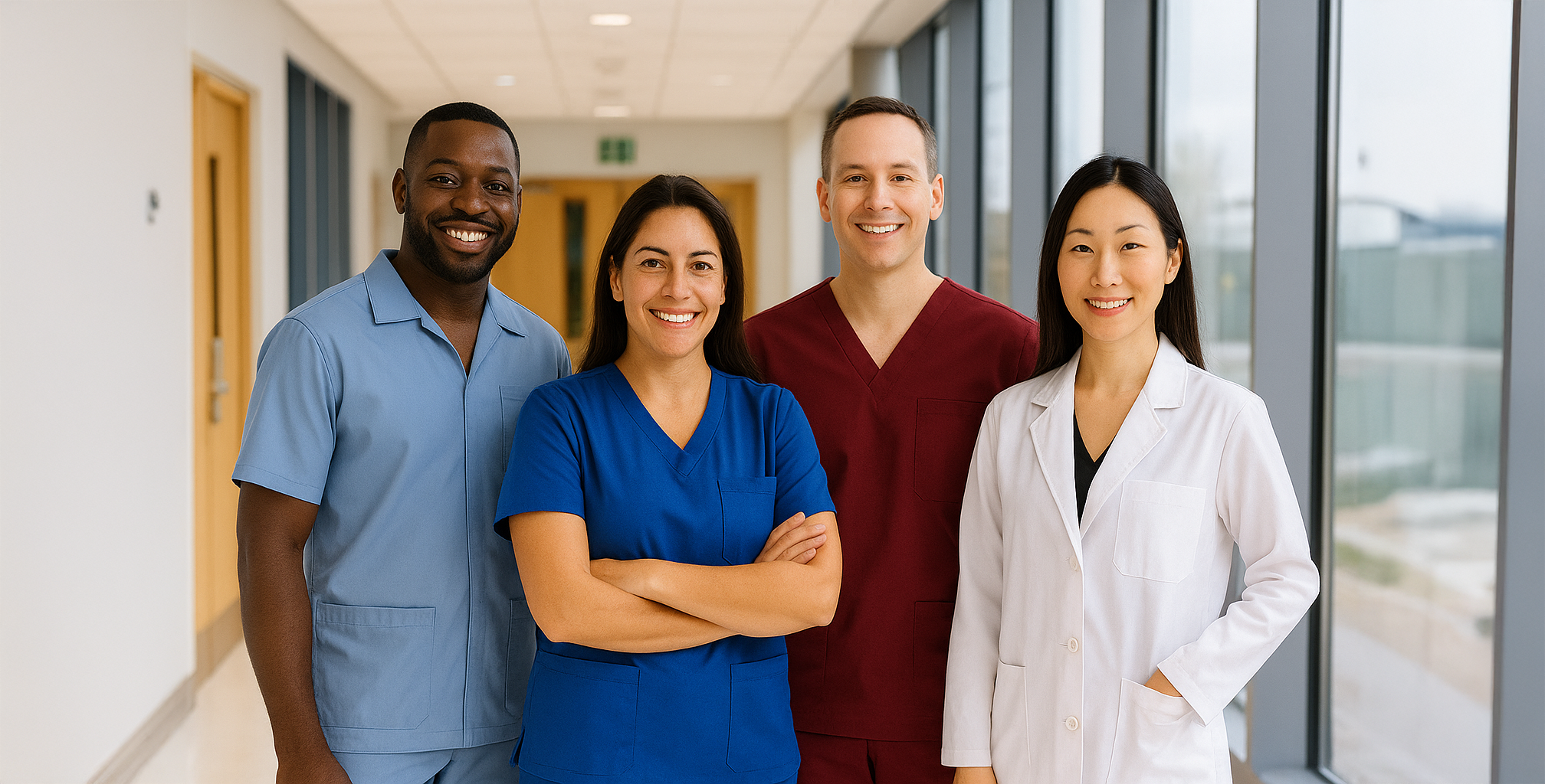 Group of healthcare professionals standing together in a hospital hallway.